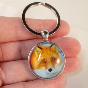 Silver Baby Fox in Snow Cabochon Key Ring